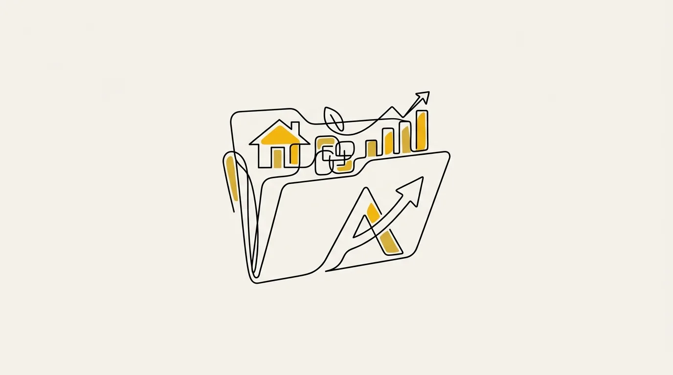 A stylized file folder representing how to attach brand folder to every chat by containing documents, home icons, and growth charts