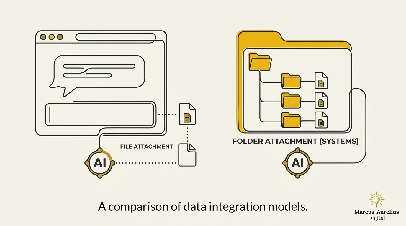 Comparison of data integration models showing how to attach brand folder to every chat versus using individual file attachments
