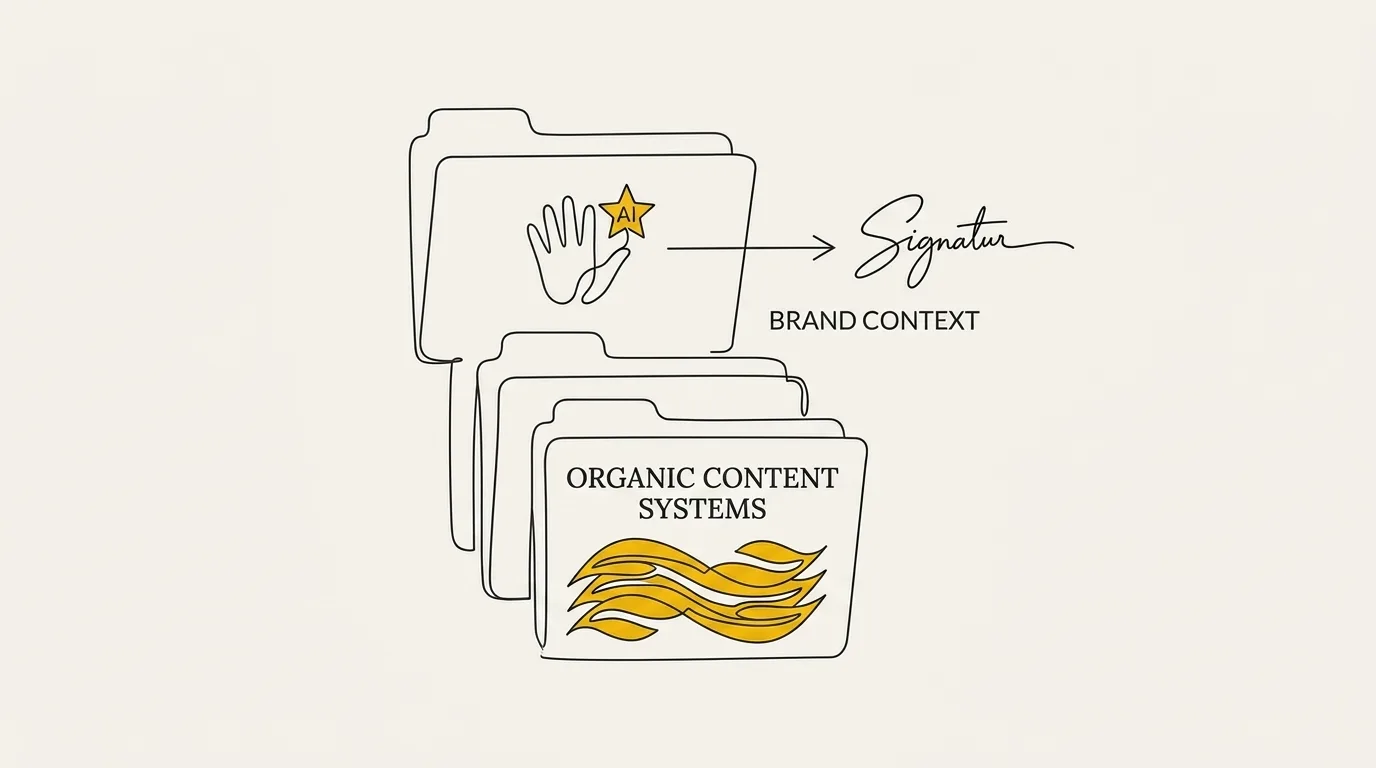 Hierarchical folder structure showing an AI brand context file with a hand icon and an Organic Content Systems file below it