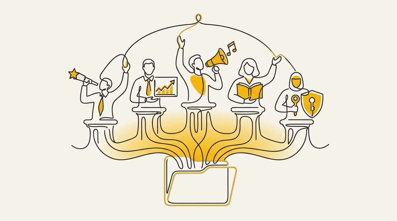 Five pillars representing essential roles for building a brand context folder to ground AI output in company-specific information