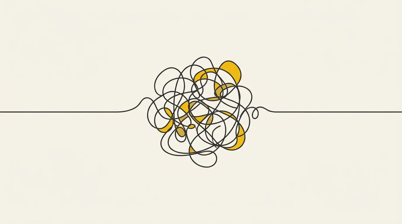 A single continuous line starts straight, becomes a chaotic, tangled knot in the center, and then returns to a straight line