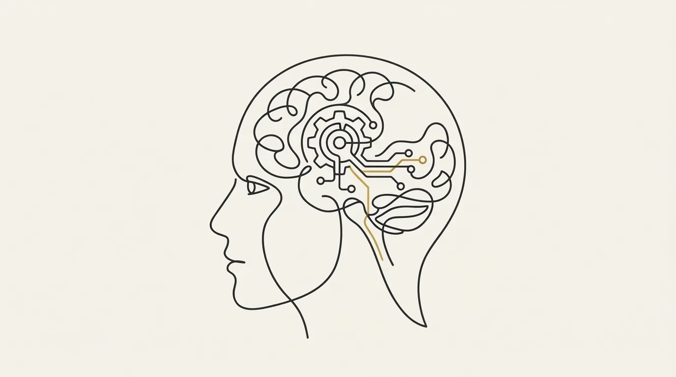 Profile silhouette of a human head with an integrated brain consisting of gears and digital circuitry, representing why AI brand voice drifts back to generic over time
