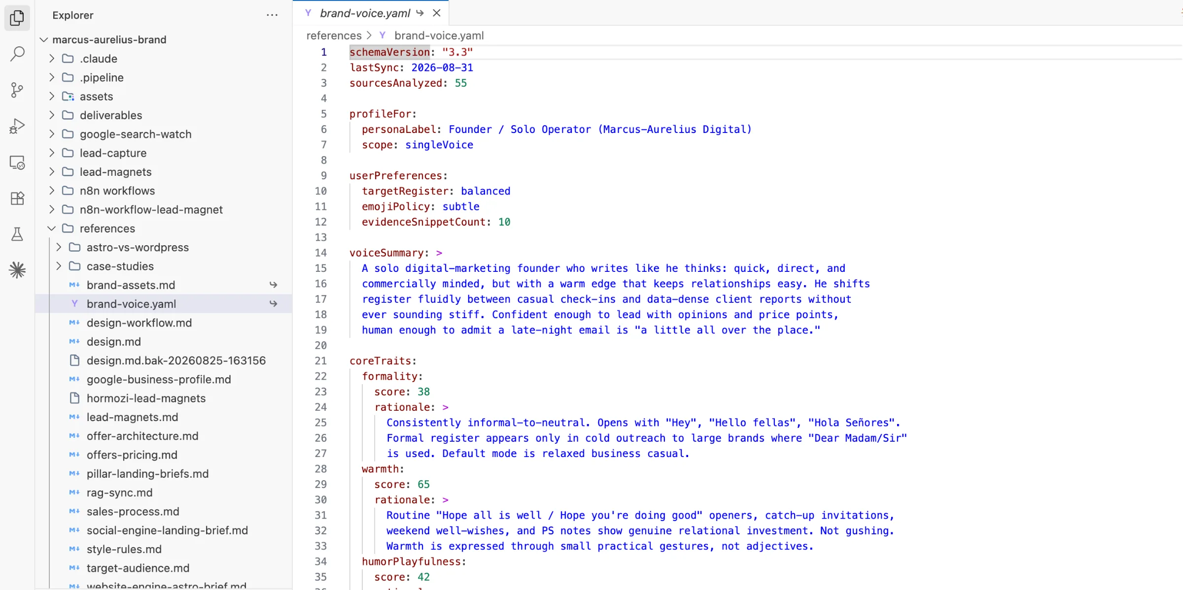 the brand voice YAML file that instructs the model in every session for how to write